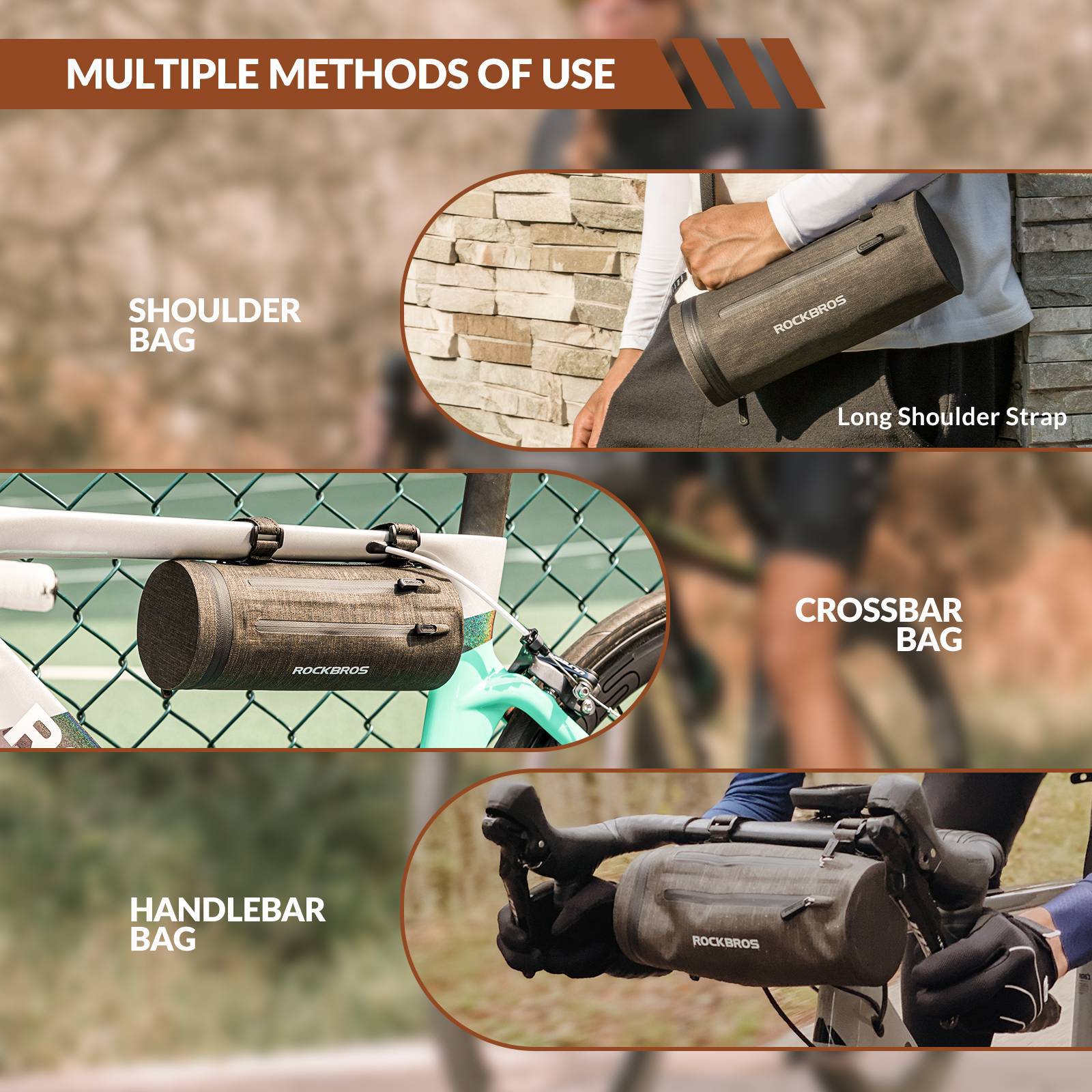 ROCKBROS 3 in 1 Wasserdichte Lenkertasche Zylindrisch Tragbar 2L - Image 6