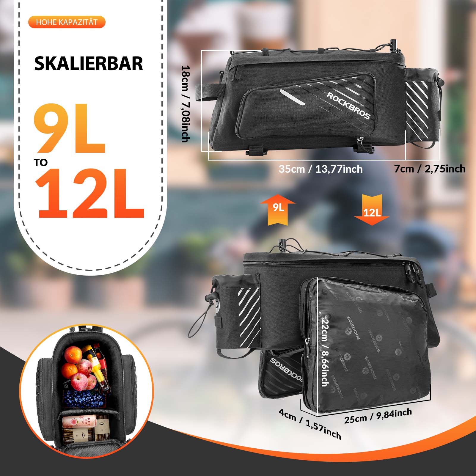 ROCKBROS Fahrrad Gepäckträgertasche Schwarz 9-12L mit 2 faltbare Seitentaschen - Image 6