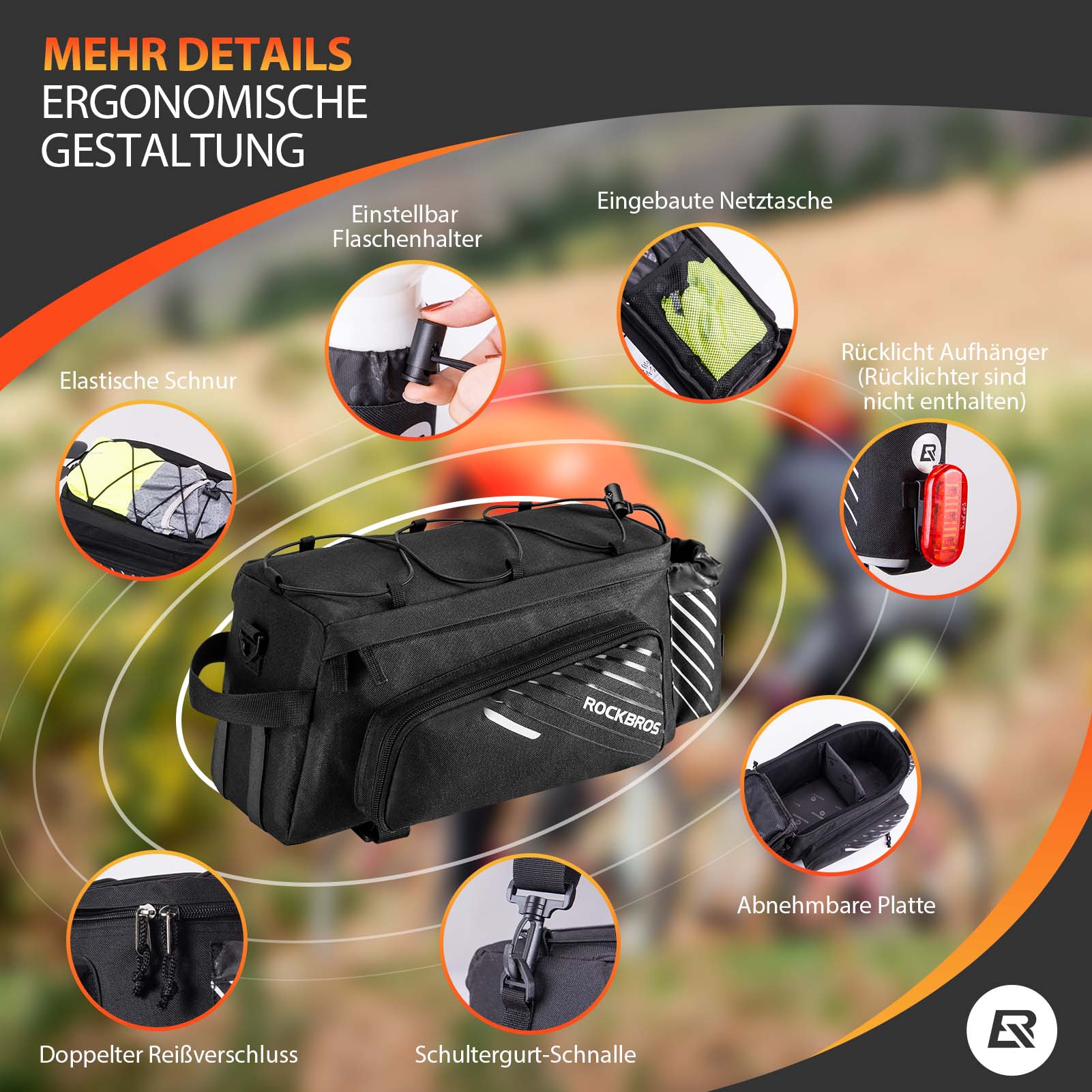 ROCKBROS Fahrrad Gepäckträgertasche Schwarz 9-12L mit 2 faltbare Seitentaschen - Image 8
